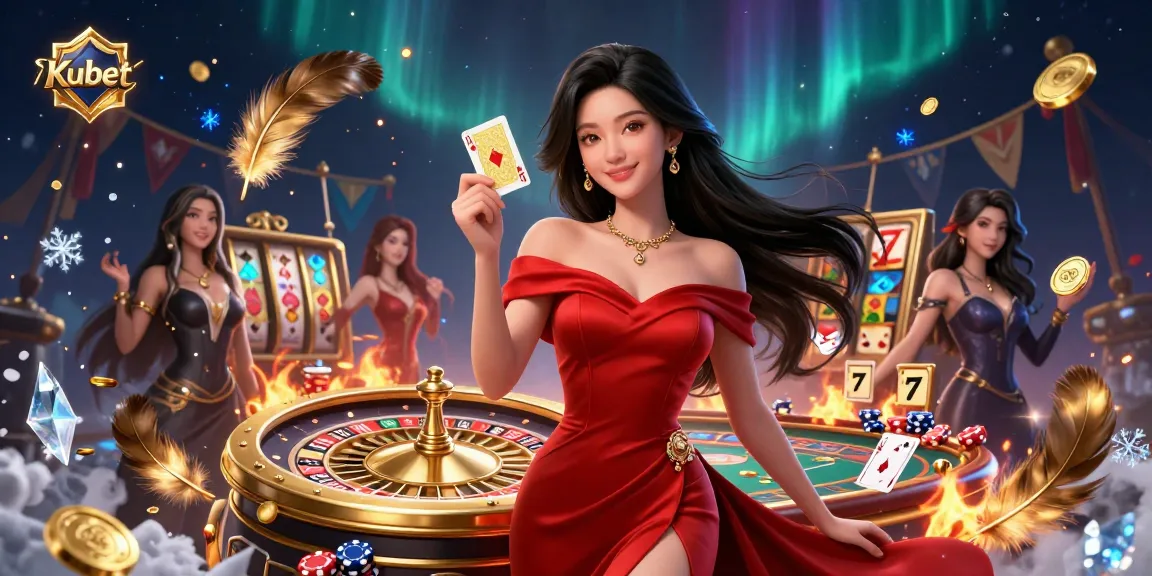 Kubet enhances casino experience with a stunning illustration featuring elegant Asian woman and golden roulette wheel.