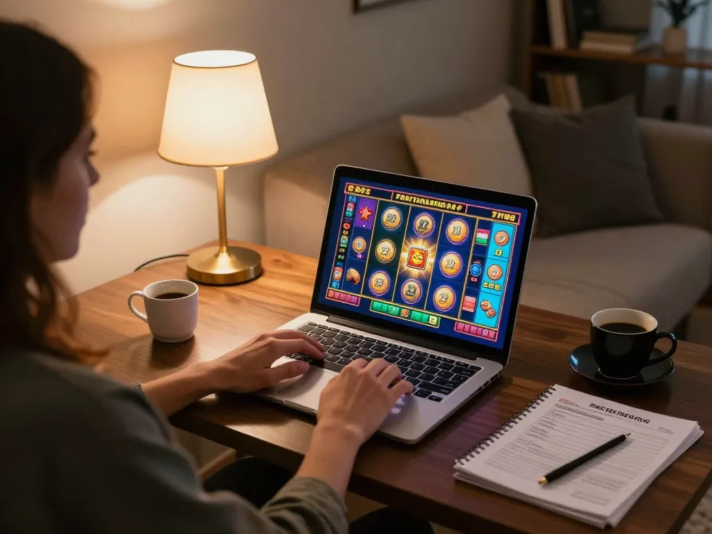 Engaging in slot bet 100 while enjoying a cozy home gaming setup with colorful graphics