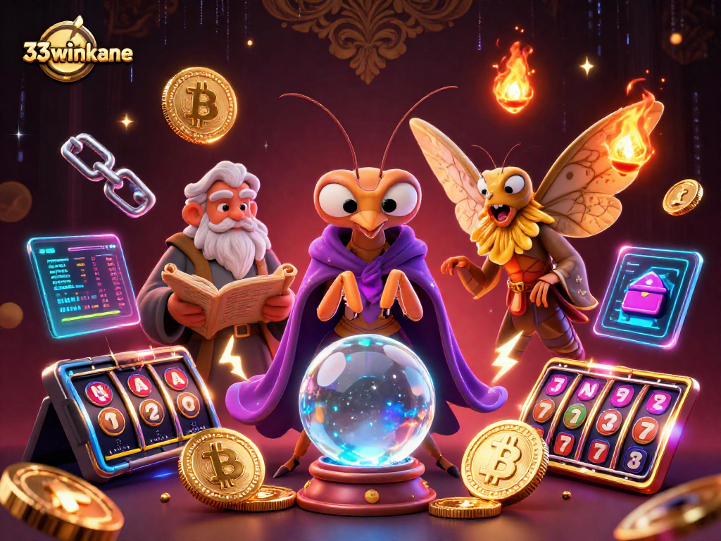 Engage with 33winkane's vibrant 3D casino scene featuring fantasy characters and cryptocurrency elements.