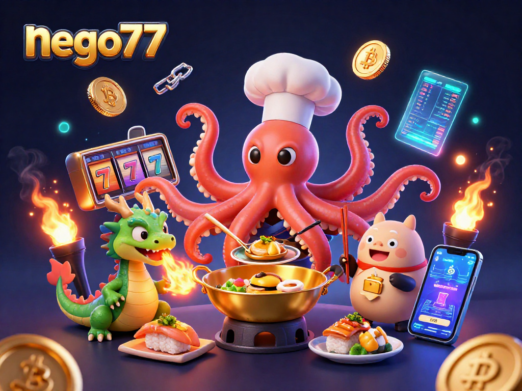 Experience the thrills at nego77 as a dragon breathes fire and octopus chef prepares winning dishes in a vibrant casino.