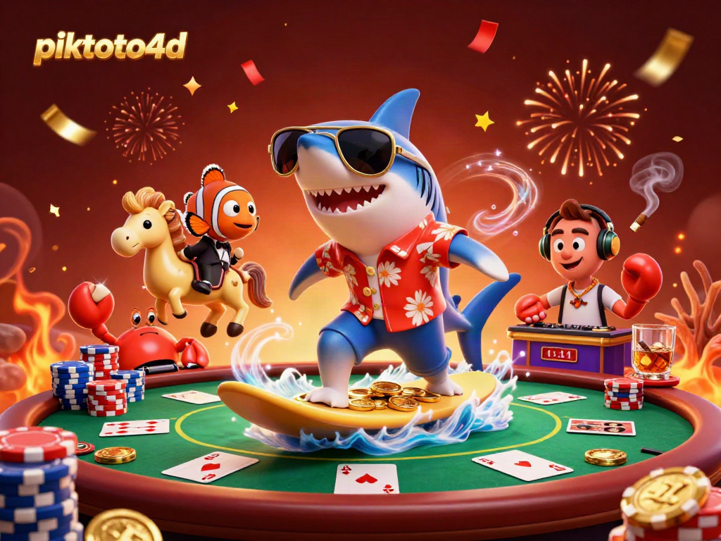 Experience the vibrant excitement of piktoto4d as a shark surfs gold coins, embodying casino thrills.