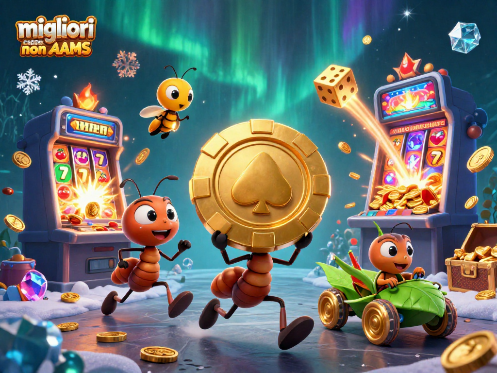 Illustrazione di una squadra di formiche che trasporta una chip da poker d'oro nei migliori casino non AAMS.