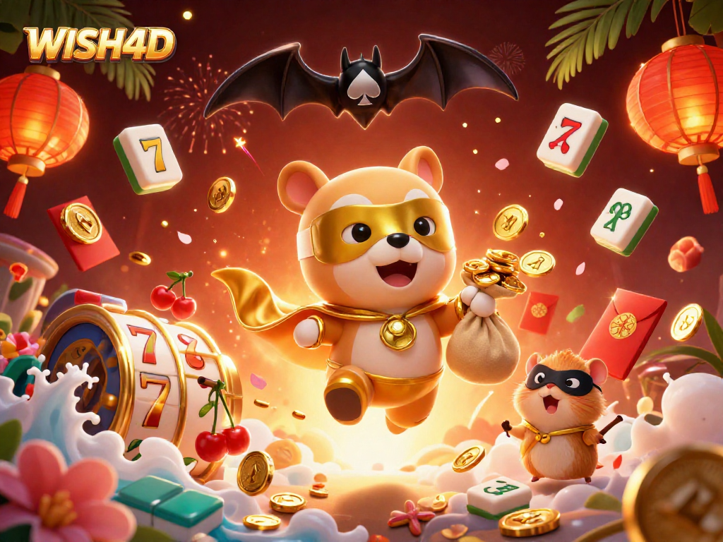 WISH4D showcases a dynamic scene with a superhero dog and hamster in action amidst vibrant casino elements