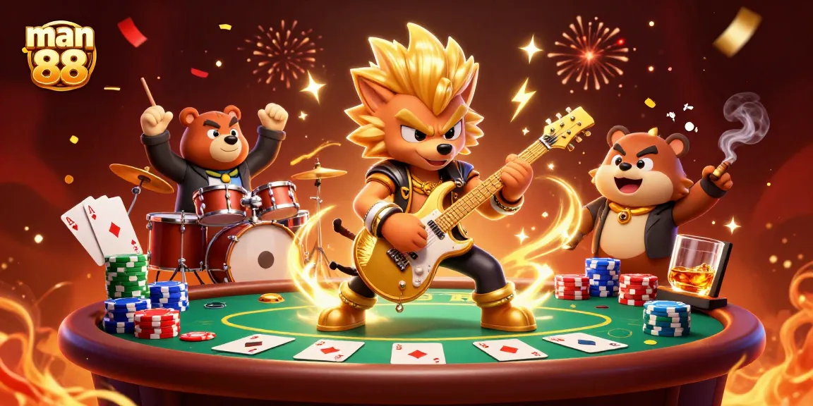 Experience the excitement of man 88 with dynamic casino action featuring poker tables and cartoon rock stars.