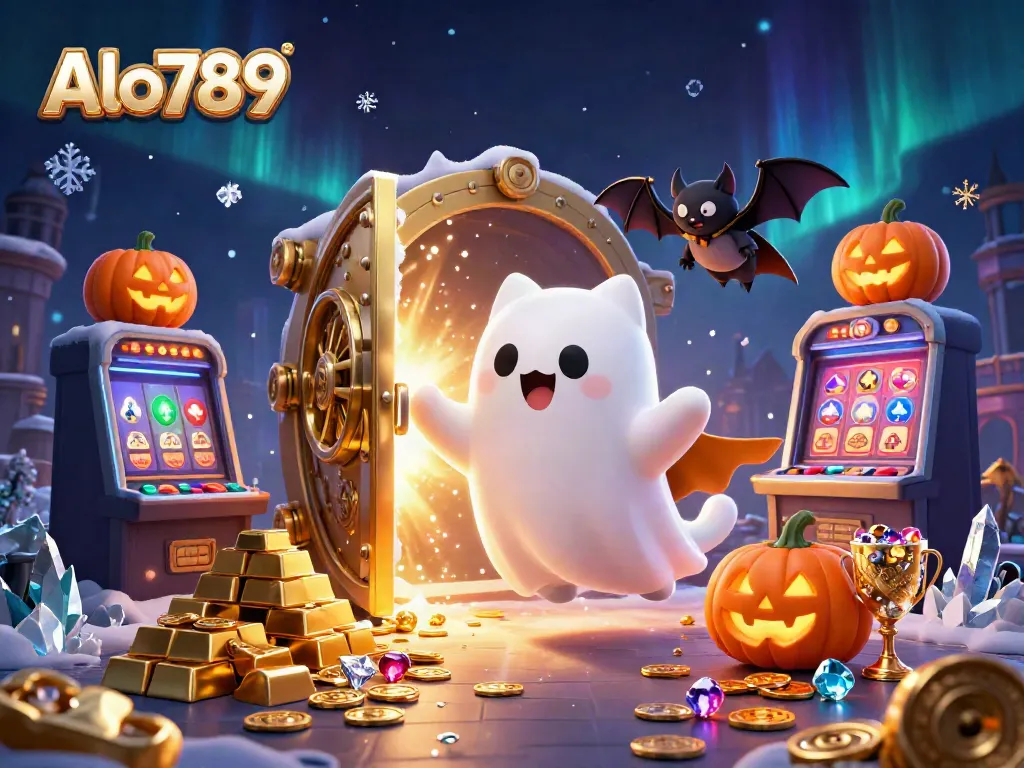 Alo789 showcases an animated ghost cat and bat in a vibrant casino, capturing the thrill of gambling.