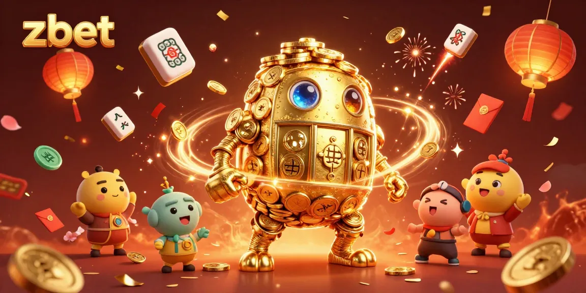Zbet's interactive 3D golden golem illustration showcases winning symbols and festive elements for an engaging online casino experience.