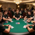 Players engage in an intense poker game showcasing maxpoker88 strategy in a lively casino environment.
