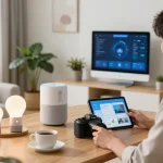 Engaged individual setting up tech gadgets for home in a modern living room, showcasing smart speakers and devices.