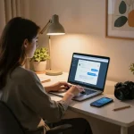 Interactive AI sex chat session in a cozy home office environment, featuring a laptop screen displaying chatbot conversations.