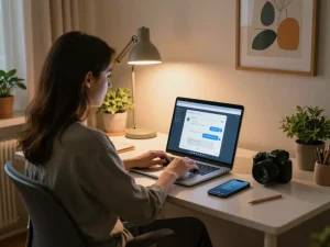 Interactive AI sex chat session in a cozy home office environment, featuring a laptop screen displaying chatbot conversations.