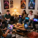 Engaged friends playing gay porn games in cozy room setting.