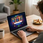 LIGALGO Login screen displayed on a laptop as a player enjoys an online gaming session in a cozy home setting.