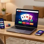 Engaging in online gaming on mantra88 with colorful interface and cozy setting.