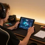 Player enjoying online gambling on 79club app with strategy notes nearby, cozy home environment.