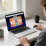 Player engaging in online gaming at abc8, focused on casino interface on laptop in a cozy workspace.