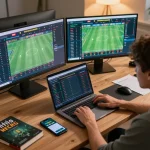 Player analyzing Keo nha cai 5 betting odds while using a laptop and smartphone in a cozy home office.