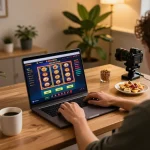 Player enjoying online slots at XX88 casino from a cozy gaming setup, with snacks and drinks nearby.