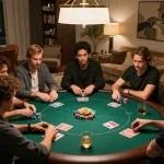 Mantra88 players engaging in a strategic home poker game with visible hands, drinks, and decor.
