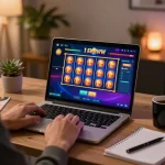 Engaging in a Slot Demo on a laptop with vibrant reels spinning in a cozy gaming setup.