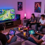 Friends enjoying online games together in a vibrant living room at ligasedayu.com.
