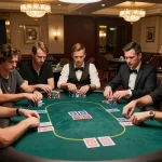 XX88 poker players strategizing over rich chips and cards in a luxurious casino atmosphere