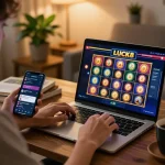 Người chơi tham gia trò chơi LUCK8 trên laptop trong một không gian chơi game ấm cúng tại nhà
