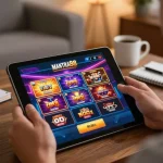 Engaging with the mantra88 app on a tablet during an online gaming session.