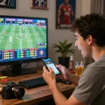 Person placing sports bets on a mobile app, highlighting GG88 excitement in a vibrant home setup.