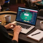Person engaged in online gambling at home, exploring nhacaiuytinn strategies with a laptop.