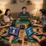 RR88 players engaging in exciting online gaming, strategizing with laptops and tablets in a cozy living room.