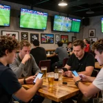 Soccer fans engaged in sports betting strategies at a lively venue with screens.