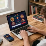 Engaging in rokok88 login at home, showcasing online casino games on laptop with betting interface.