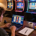 Player engaging with Slot Resmi game on laptop in comfortable home setting, demonstrating strategic gameplay.