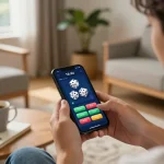 TaiXiuOnline8 user engaging with mobile app for online gambling in a cozy home setting.