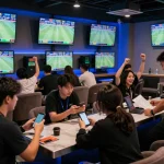Fans excitedly betting online at 78win in a lively sports betting lounge.