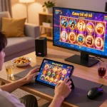 Exciting gameplay of Game bài nổ hũ on tablet showing vibrant slot reels.