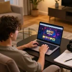 Engaging in exciting gameplay on the RR99 online casino platform with strategic notes.
