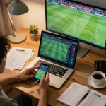 Home sports betting session using Fun88 app, with a person analyzing live statistics and placing bets.