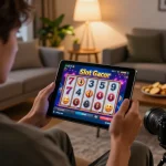 Player engaging with Slot Gacor on tablet, showcasing vibrant reels and home gaming environment.