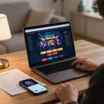 Player engaging with 789club casino app on laptop, showcasing strategic online gambling.