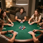 Exciting home poker night scene with friends enjoying Đánh Bài Take2, chips and cards visible on the table.