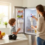 Family learning about the Waterdrop Replacement for GE® RPWFE® filter in a bright kitchen.