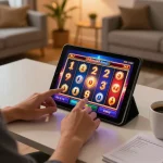 Engaging gameplay at the best online casinos in Canada, showcasing a player spinning colorful slot reels on a tablet in a cozy home setting.
