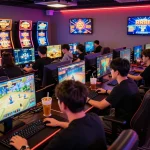Engaged players enjoying RR88 gaming experience in a vibrant gaming lounge.