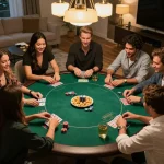 TR88 poker night with friends enjoying strategic gameplay around a round table, lively atmosphere