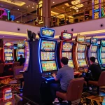 Players enjoying vibrant Slot Gacor machines in a modern casino, showcasing excitement and engagement