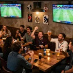 Excited fans place bets during World Cup 2026 matches at a lively sports bar.