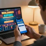 Engaging mobile gaming scene showing BERLIAN889 Login on a smartphone, person focused on online casino.