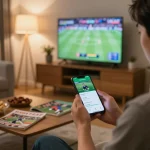 Person utilizing nhandinhkeonhacai app for sports betting in a cozy living room filled with enthusiasm.