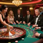 Watch players place bets on the fabet roulette table with dynamic action in a vibrant casino scene.